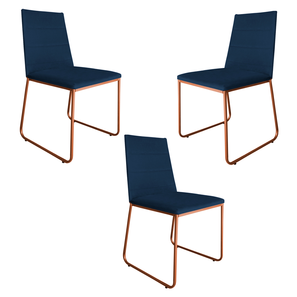 Kit 3 Cadeiras de Jantar Estofada Lille Base Bronze Veludo Azul Marinho - Montanaris Decor
