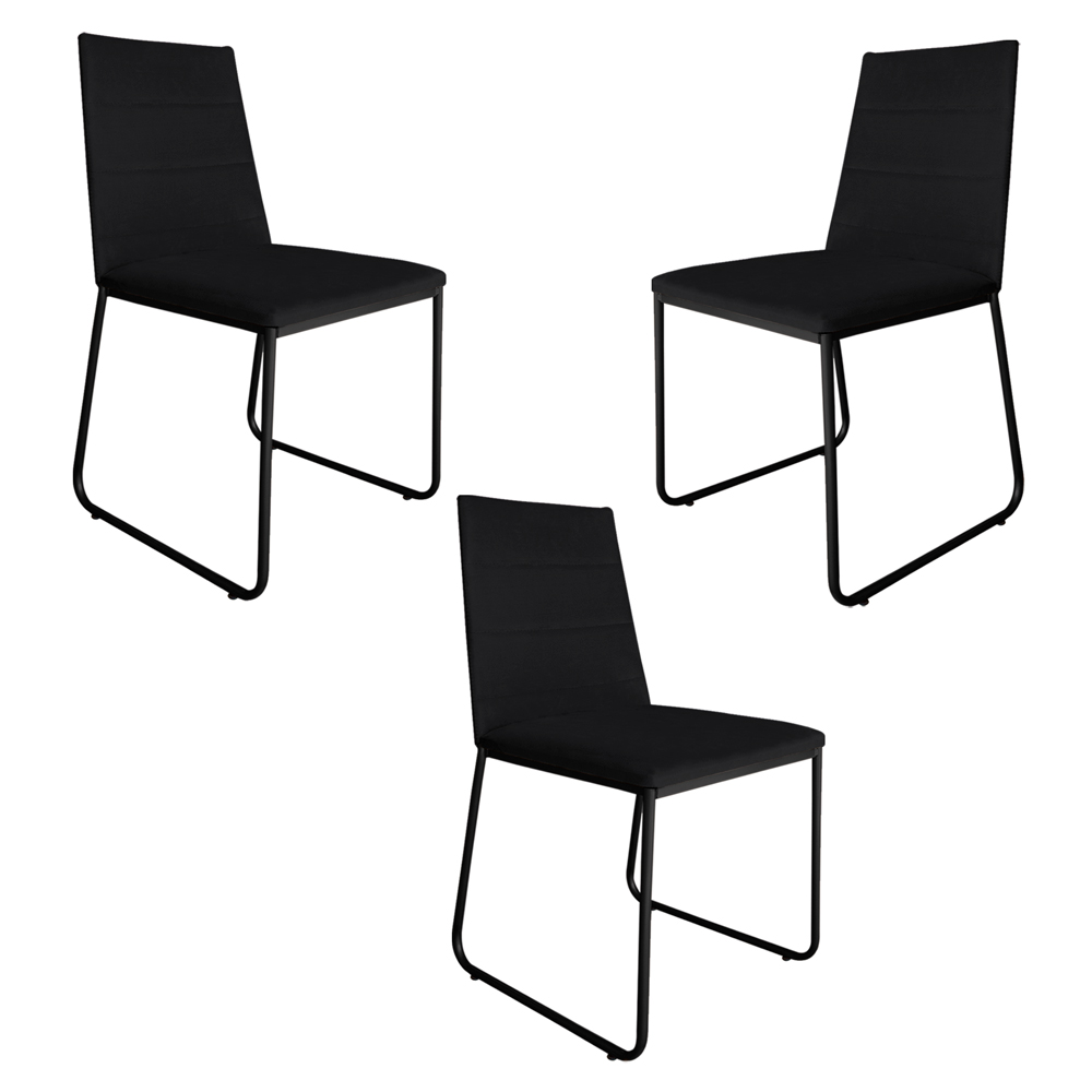 Kit 3 Cadeiras de Jantar Estofada Lille Base Preta Veludo Preto - Montanaris Decor