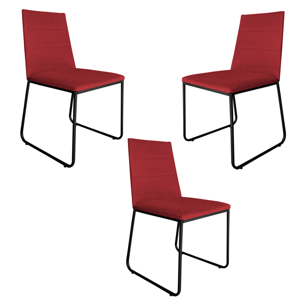 Kit 3 Cadeiras de Jantar Estofada Lille Base Preta Veludo Vermelho - Montanaris Decor