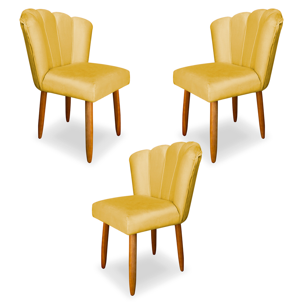 Kit 3 Cadeiras de Jantar Pétala Estofada Pés Palito Veludo Amarelo - Montanaris Decor