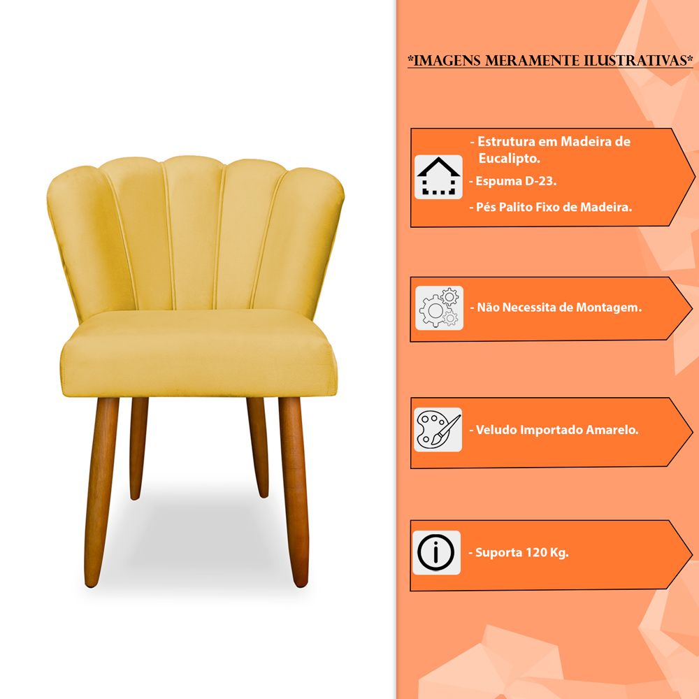 Kit 3 Cadeiras de Jantar Pétala Estofada Pés Palito Veludo Amarelo - Montanaris Decor