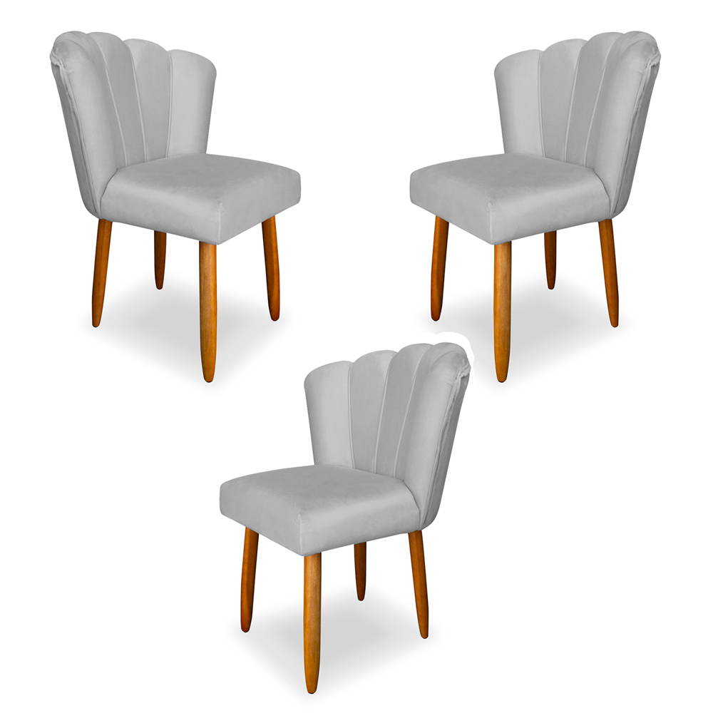 Kit 3 Cadeiras de Jantar Pétala Estofada Pés Palito Veludo Cinza - Montanaris Decor