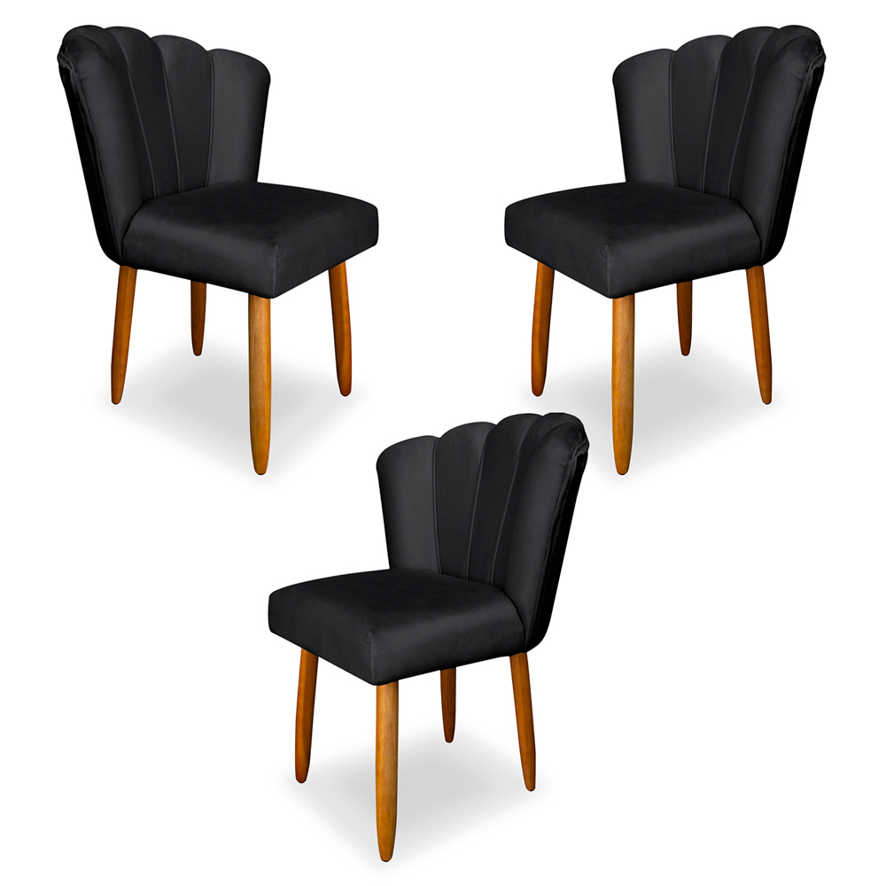 Kit 3 Cadeiras de Jantar Pétala Estofada Pés Palito Veludo Cinza Escuro - Montanaris Decor