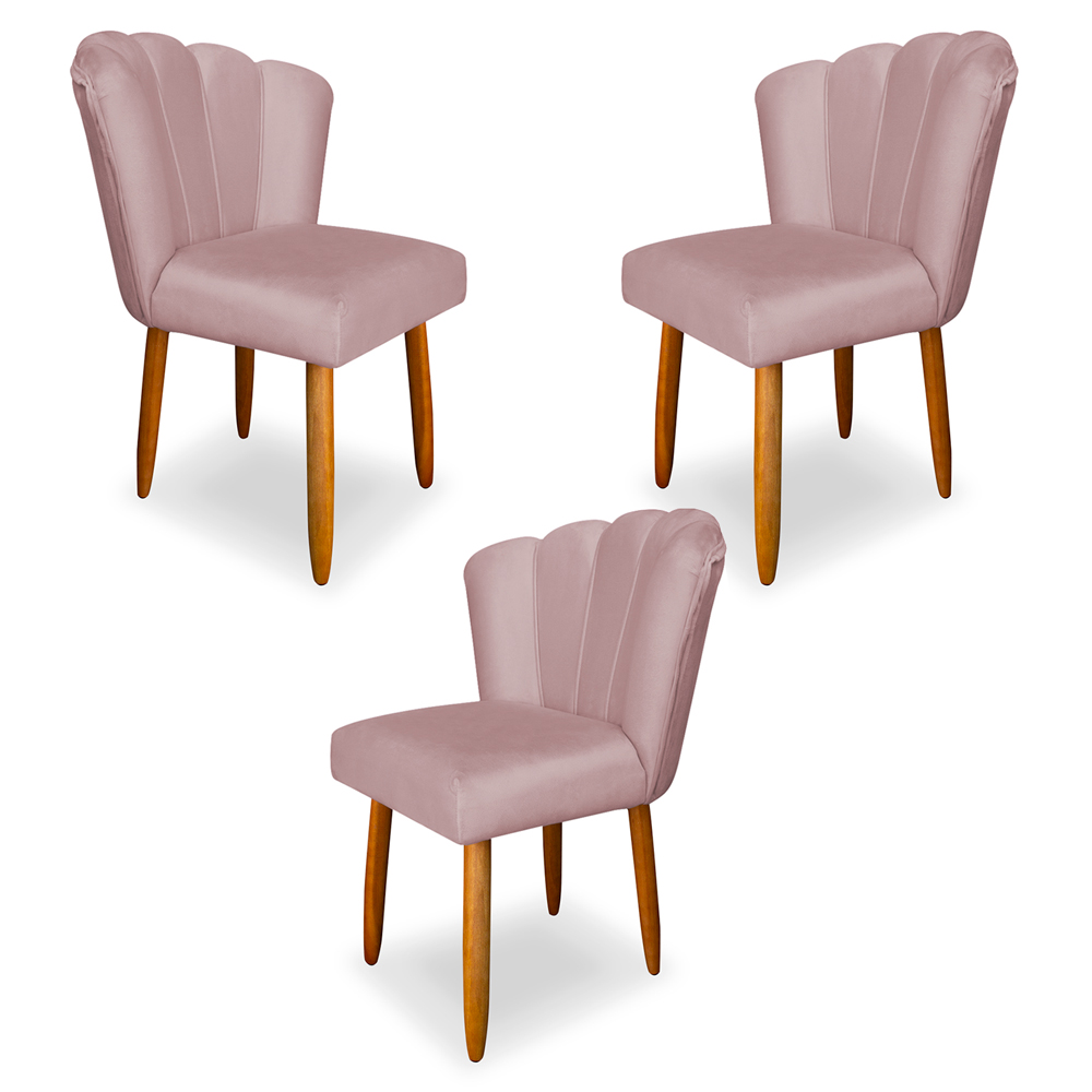 Kit 3 Cadeiras de Jantar Pétala Estofada Pés Palito Veludo Rosê Claro - Montanaris Decor