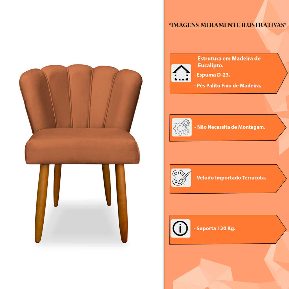 Kit 3 Cadeiras de Jantar Pétala Estofada Pés Palito Veludo Terracota - Montanaris Decor