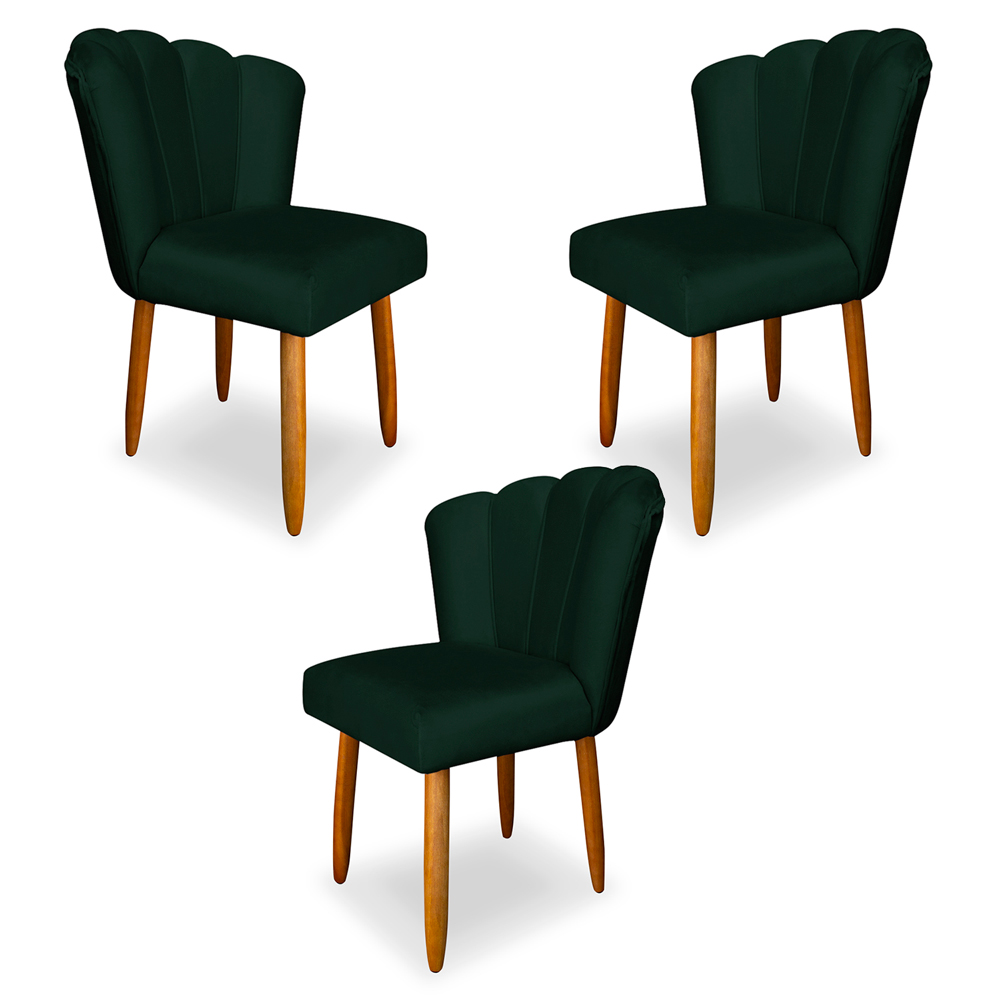 Kit 3 Cadeiras de Jantar Pétala Estofada Pés Palito Veludo Verde - Montanaris Decor