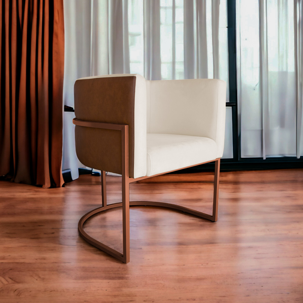 Kit 3 Poltronas Decorativa Cristal Base Bronze Veludo Bege/Pu Caramelo - Montanaris Decor