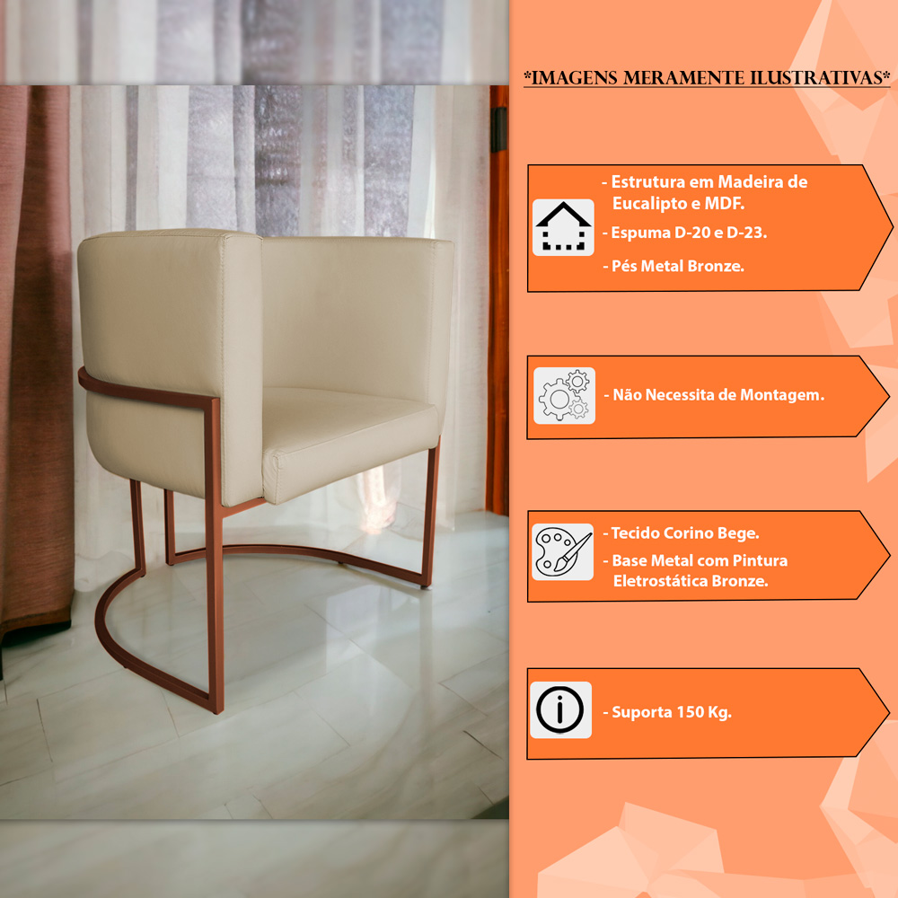 Kit 3 Poltronas Decorativa Luana Base Bronze PU Bege - Montanaris Decor