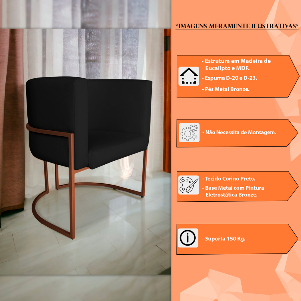Kit 3 Poltronas Decorativa Luana Base Bronze PU Preto - Montanaris Decor