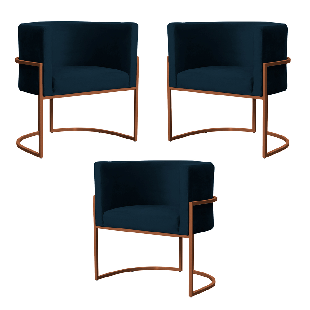 Kit 3 Poltronas Decorativa Luana Base Bronze Veludo Azul Marinho - Montanaris Decor