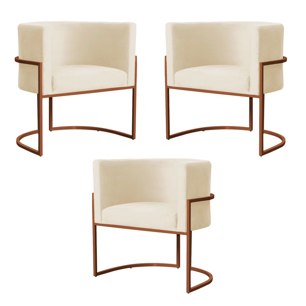 Kit 3 Poltronas Decorativa Luana Base Bronze Veludo Bege - Montanaris Decor