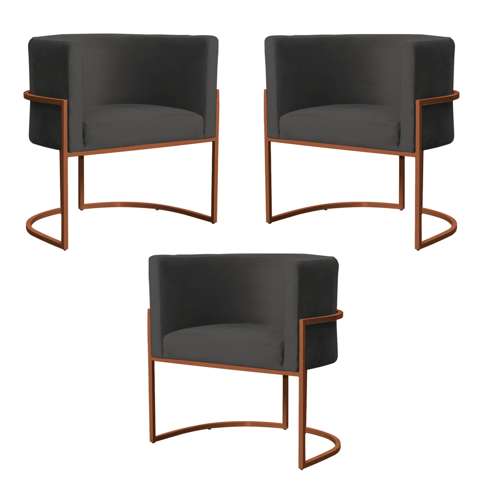 Kit 3 Poltronas Decorativa Luana Base Bronze Veludo Cinza - Montanaris Decor
