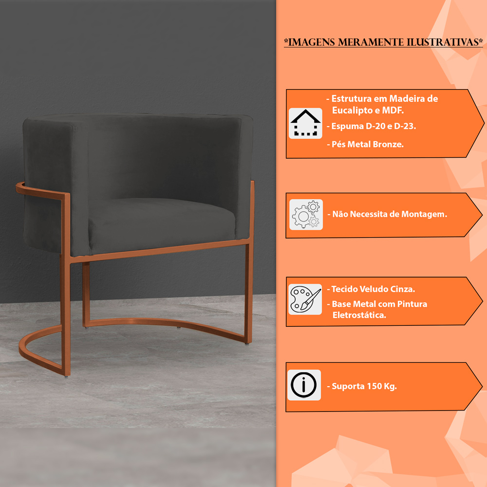 Kit 3 Poltronas Decorativa Luana Base Bronze Veludo Cinza - Montanaris Decor