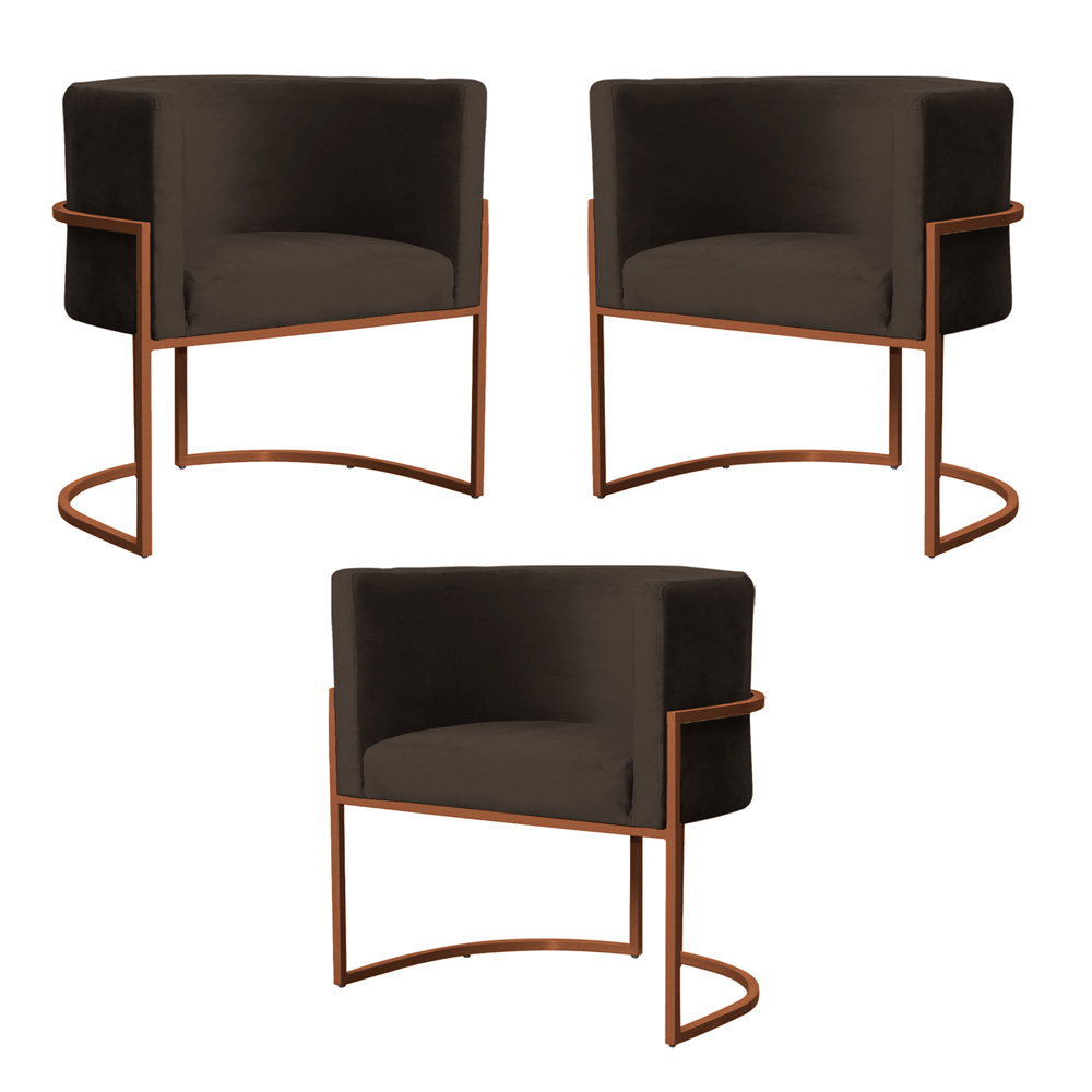 Kit 3 Poltronas Decorativa Luana Base Bronze Veludo Marrom - Montanaris Decor