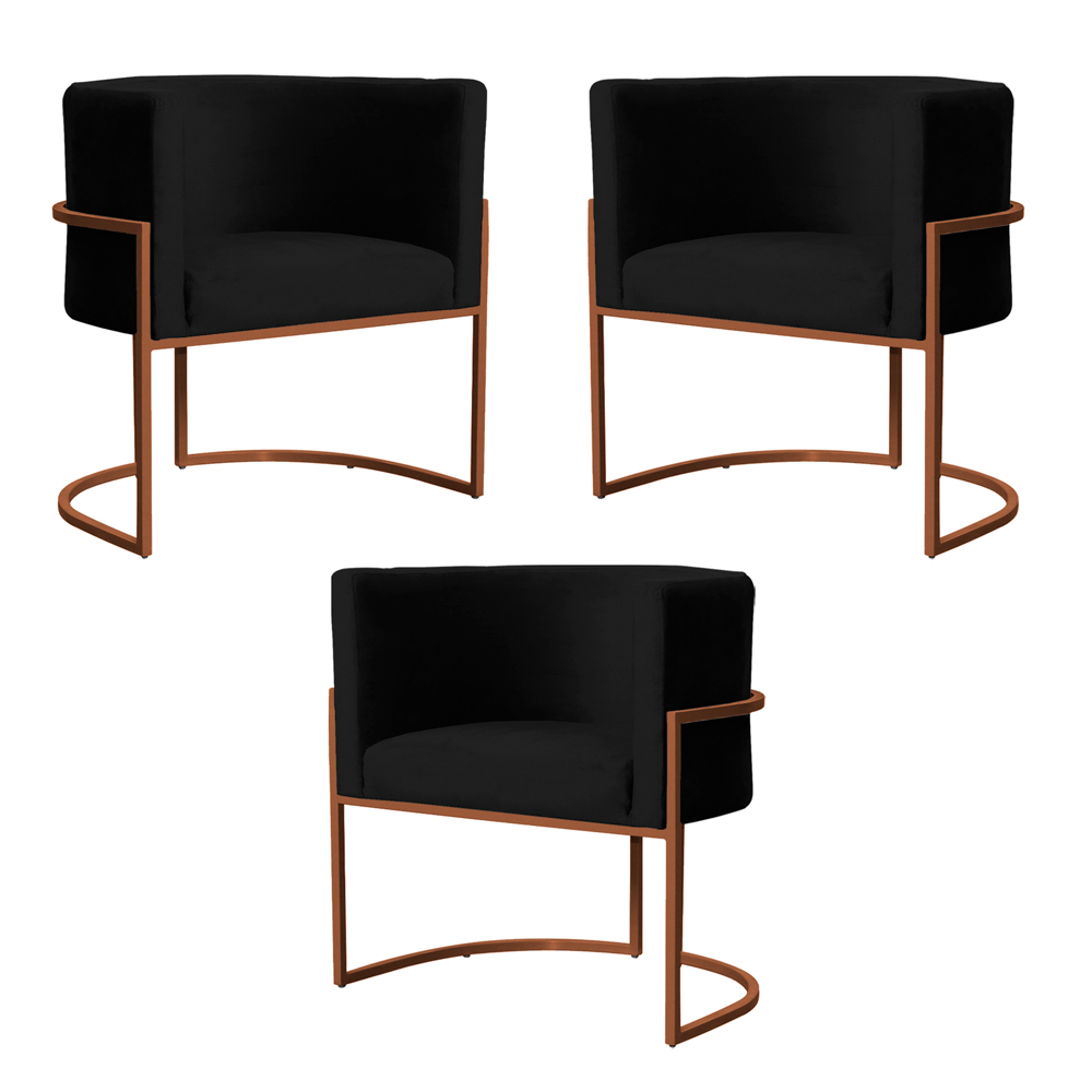 Kit 3 Poltronas Decorativa Luana Base Bronze Veludo Preto - Montanaris Decor