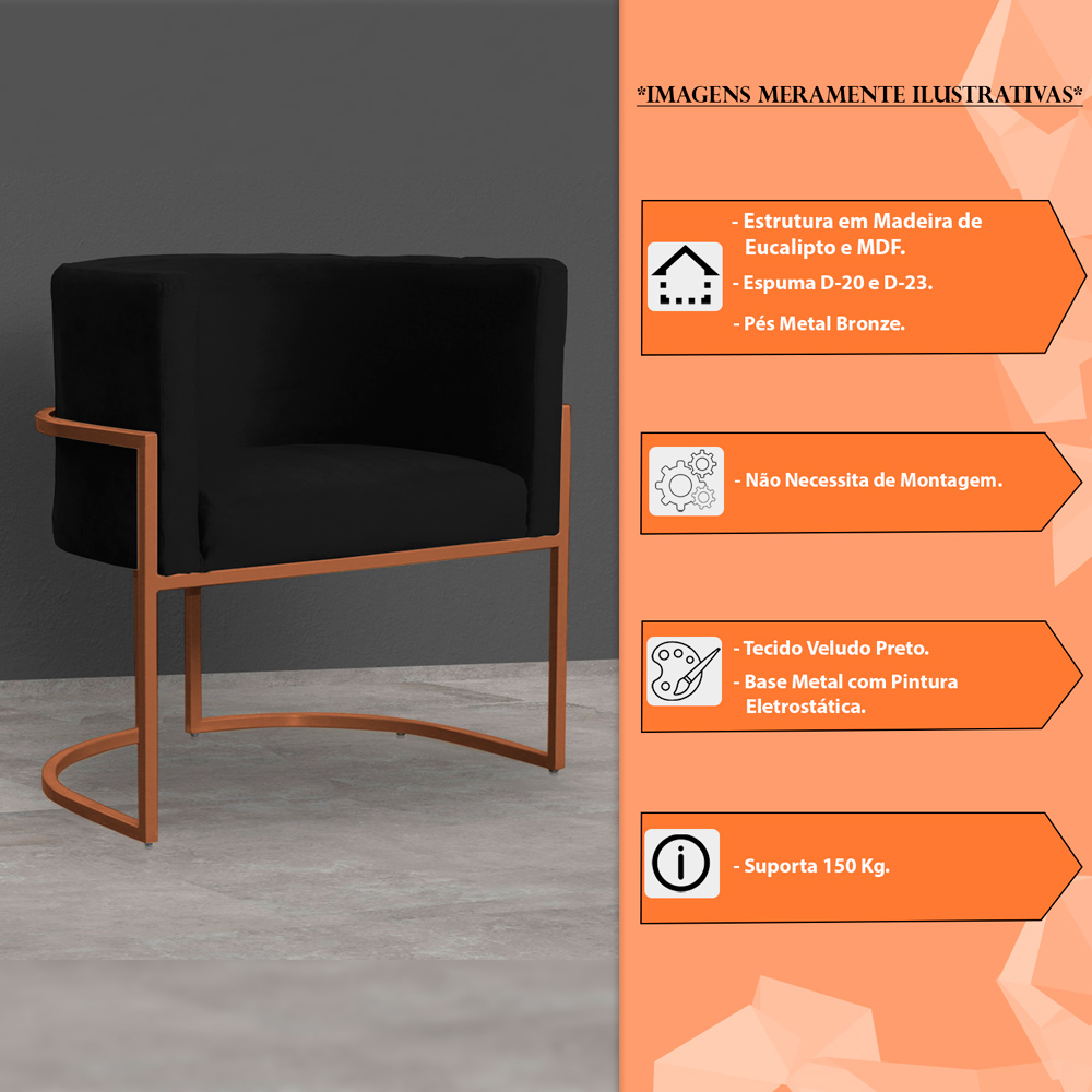 Kit 3 Poltronas Decorativa Luana Base Bronze Veludo Preto - Montanaris Decor