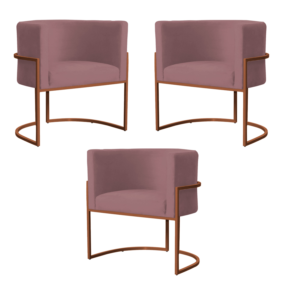 Kit 3 Poltronas Decorativa Luana Base Bronze Veludo Rosê - Montanaris Decor