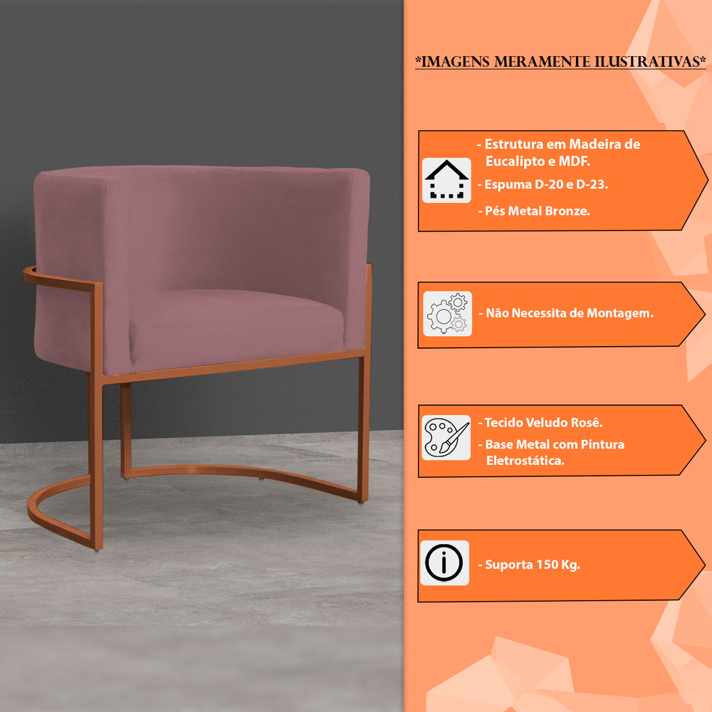 Kit 3 Poltronas Decorativa Luana Base Bronze Veludo Rosê - Montanaris Decor
