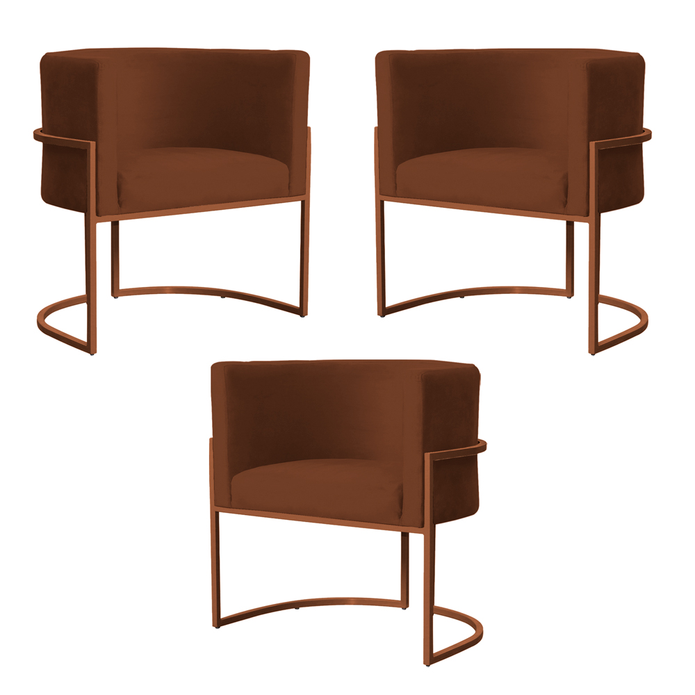 Kit 3 Poltronas Decorativa Luana Base Bronze Veludo Terracota - Montanaris Decor