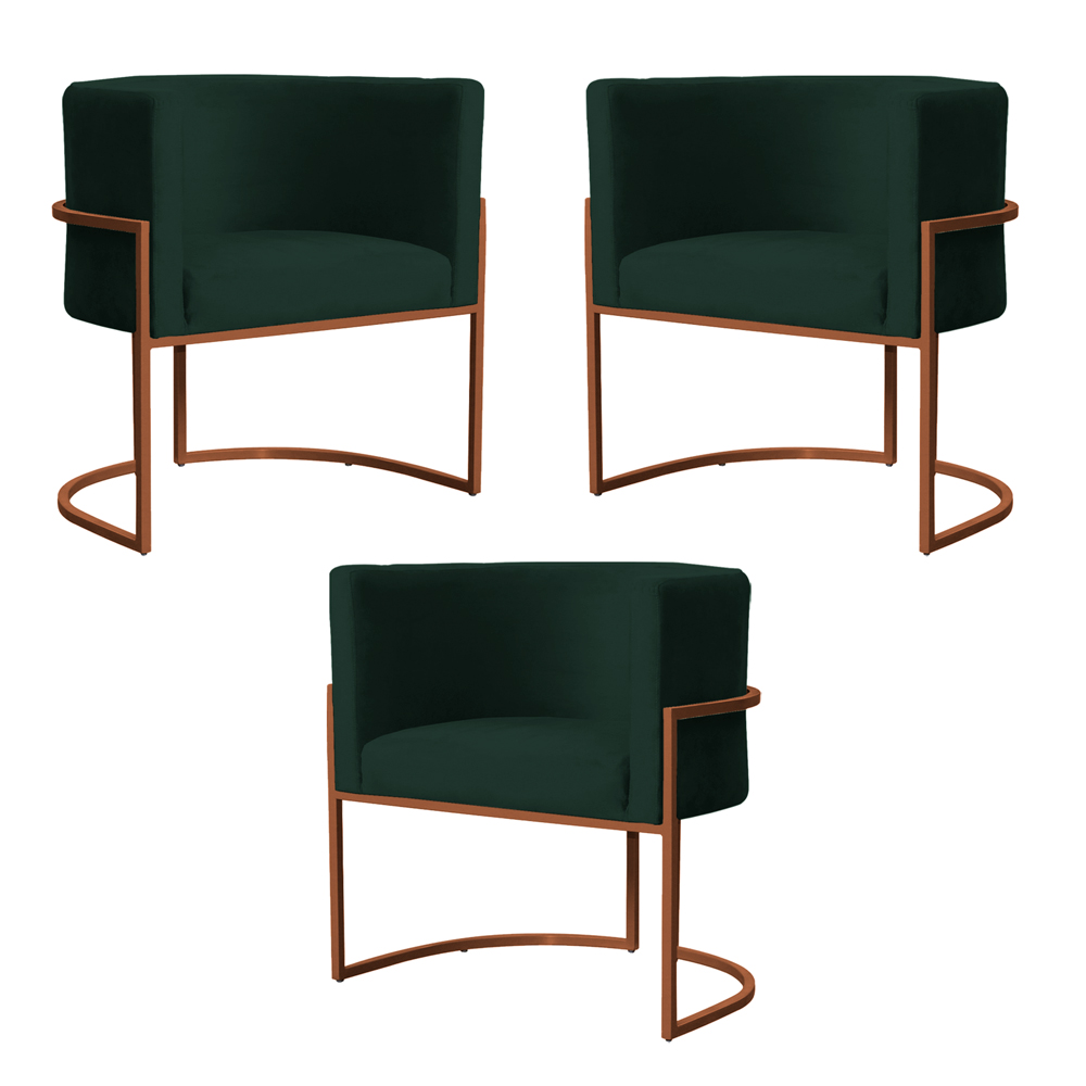 Kit 3 Poltronas Decorativa Luana Base Bronze Veludo Verde - Montanaris Decor