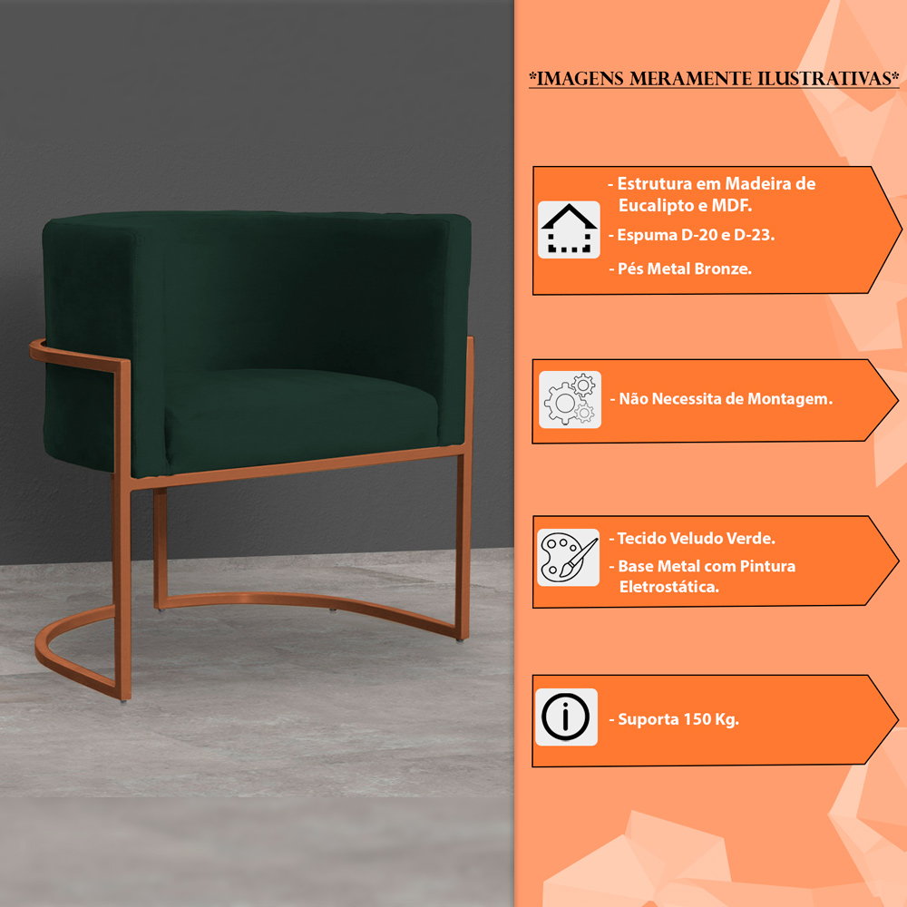 Kit 3 Poltronas Decorativa Luana Base Bronze Veludo Verde - Montanaris Decor