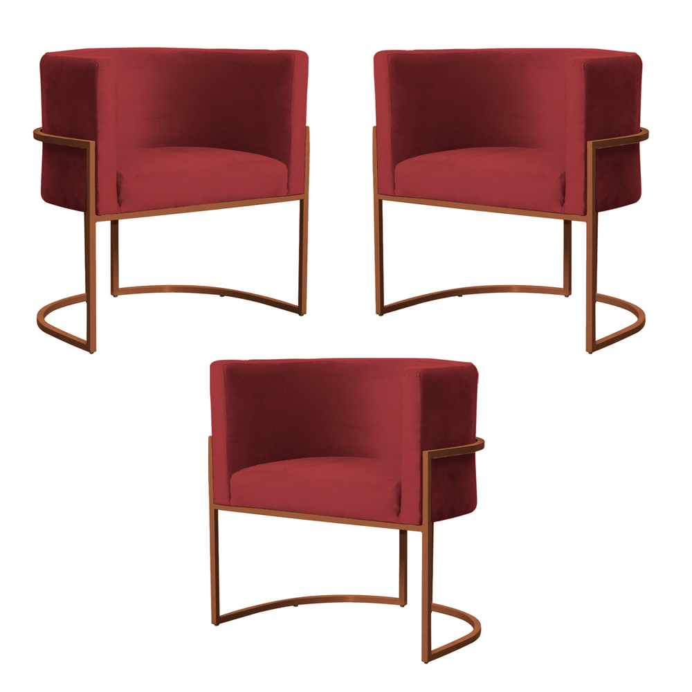 Kit 3 Poltronas Decorativa Luana Base Bronze Veludo Vermelho - Montanaris Decor