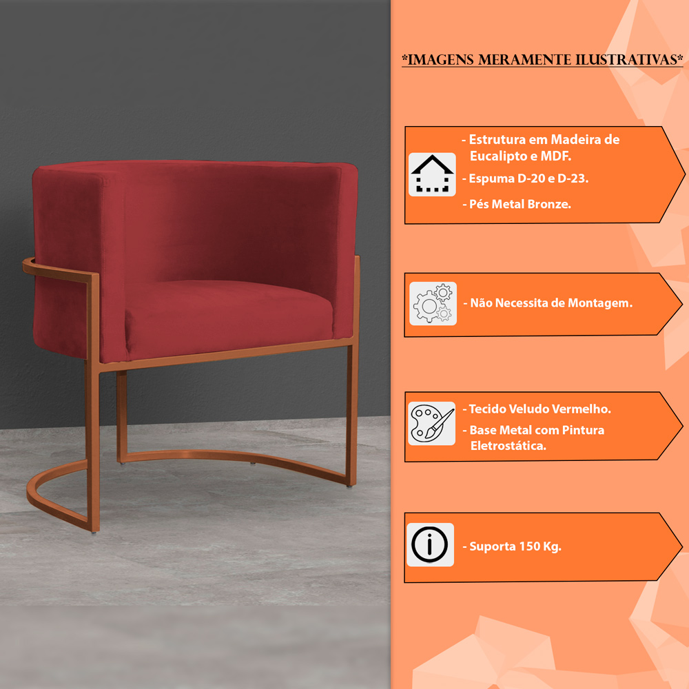 Kit 3 Poltronas Decorativa Luana Base Bronze Veludo Vermelho - Montanaris Decor