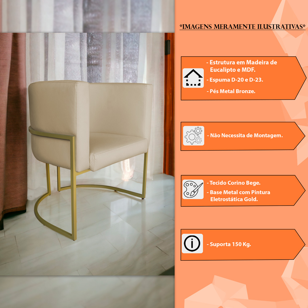 Kit 3 Poltronas Decorativa Luana Base Gold PU Bege - Montanaris Decor