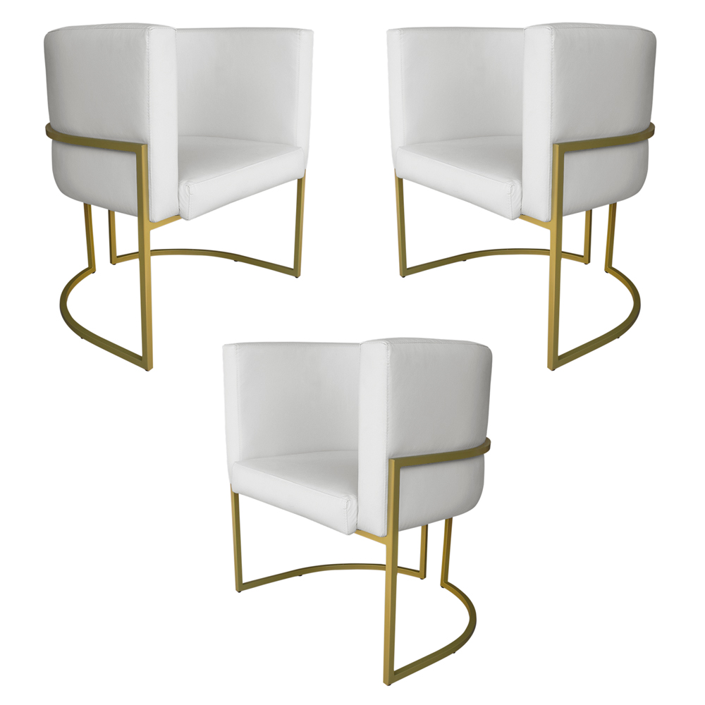 Kit 3 Poltronas Decorativa Luana Base Gold PU Branco - Montanaris Decor