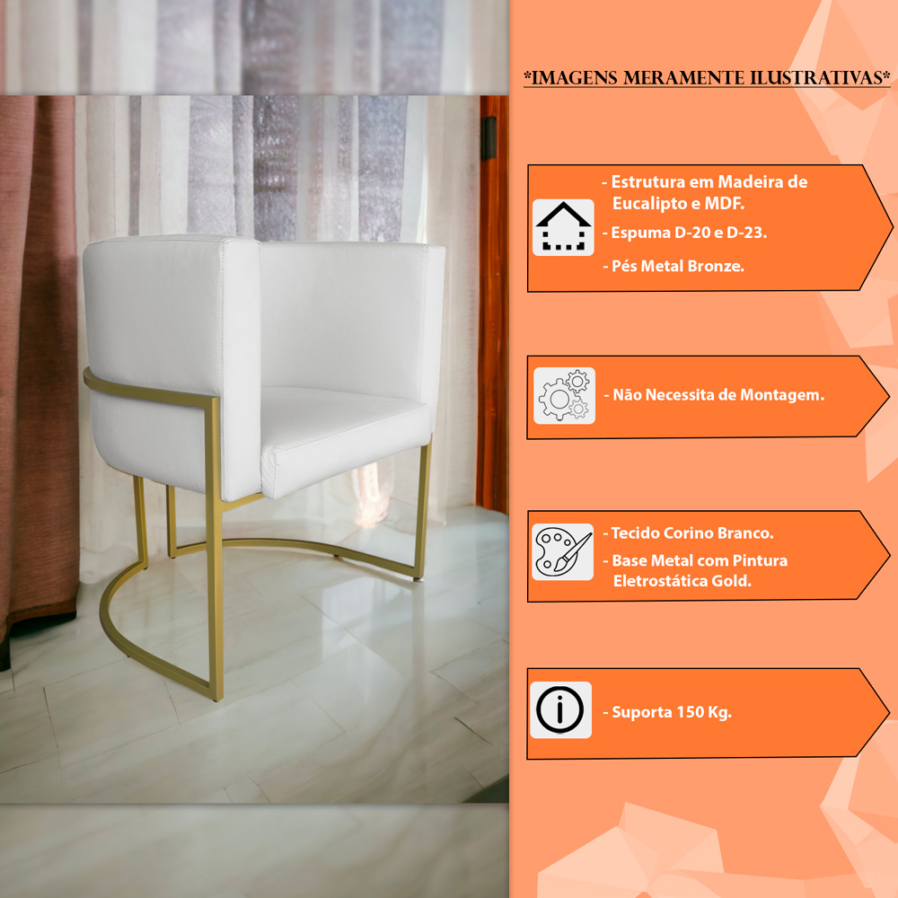 Kit 3 Poltronas Decorativa Luana Base Gold PU Branco - Montanaris Decor