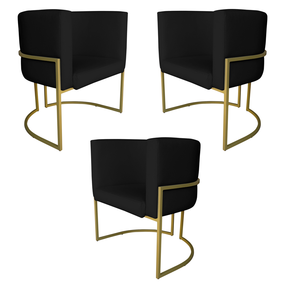 Kit 3 Poltronas Decorativa Luana Base Gold PU Preto - Montanaris Decor