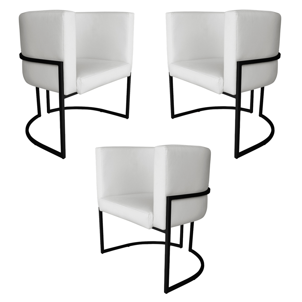 Kit 3 Poltronas Decorativa Luana Base Preta PU Branco - Montanaris Decor