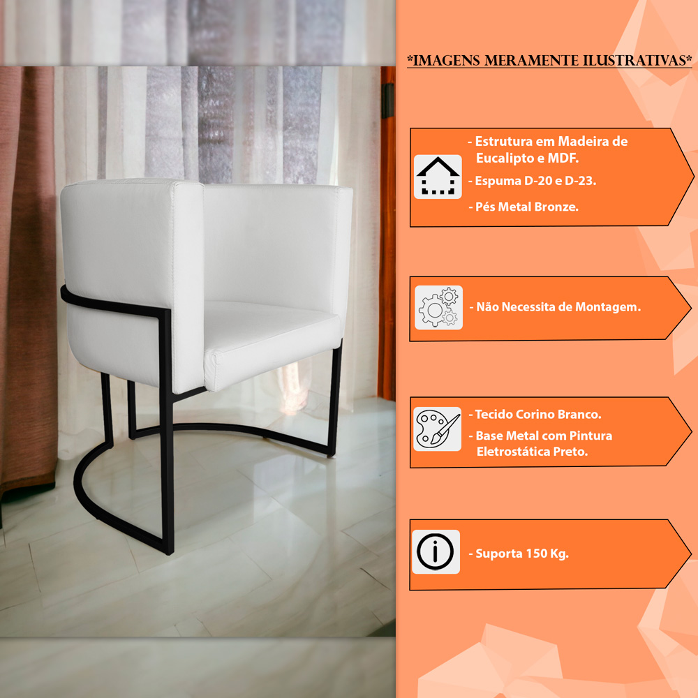 Kit 3 Poltronas Decorativa Luana Base Preta PU Branco - Montanaris Decor