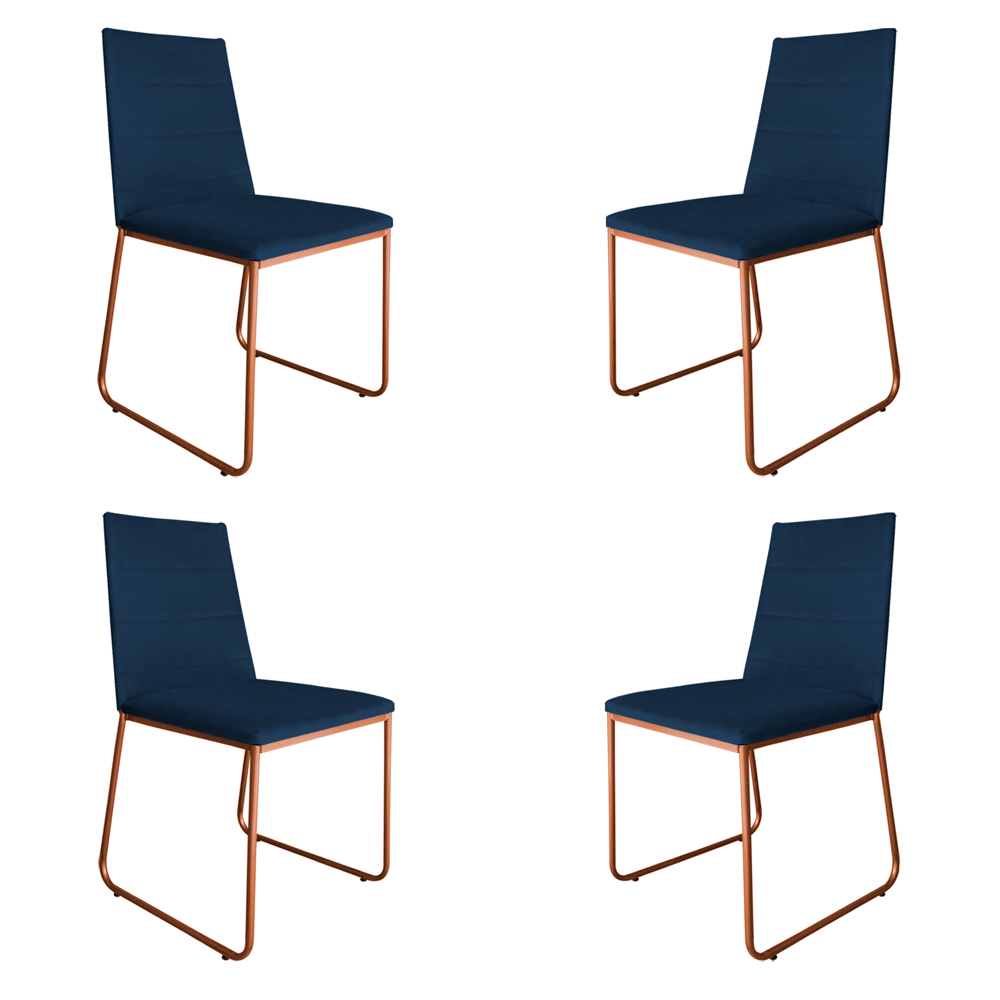 Kit 4 Cadeiras de Jantar Estofada Lille Base Bronze Veludo Azul Marinho - Montanaris Decor