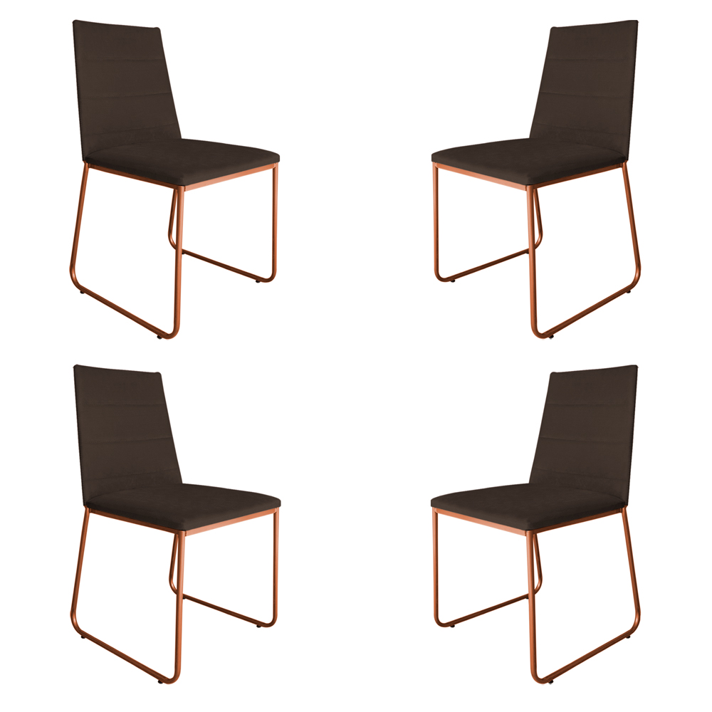 Kit 4 Cadeiras de Jantar Estofada Lille Base Bronze Veludo Marrom - Montanaris Decor