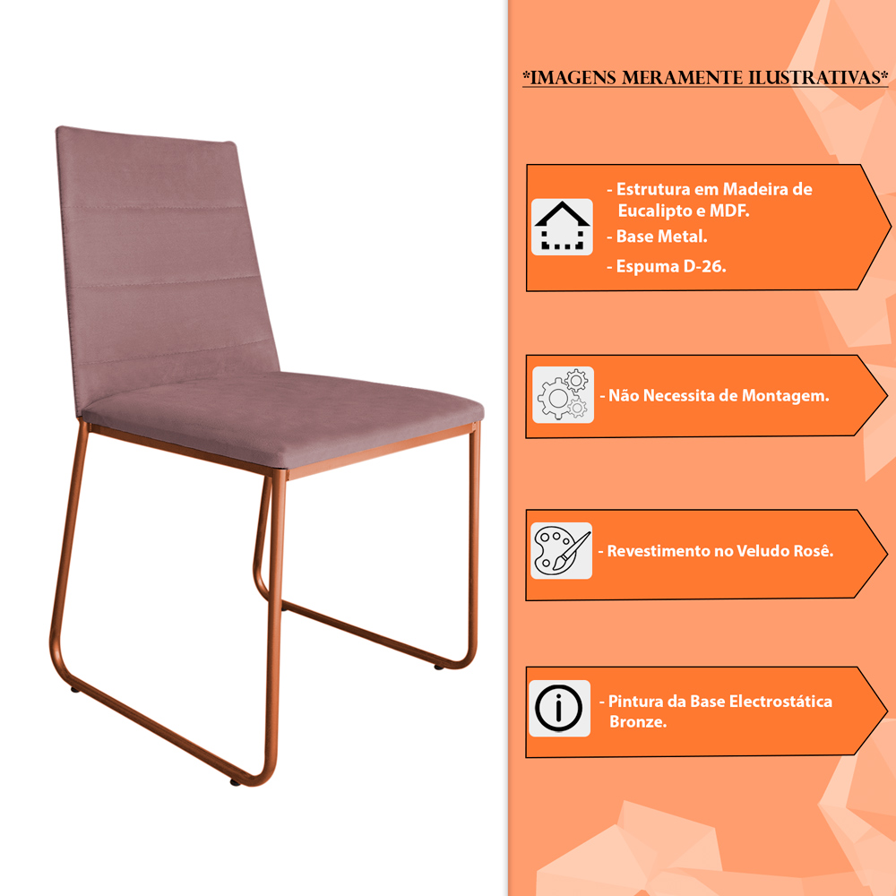 Kit 4 Cadeiras de Jantar Estofada Lille Base Bronze Veludo Rosê - Montanaris Decor