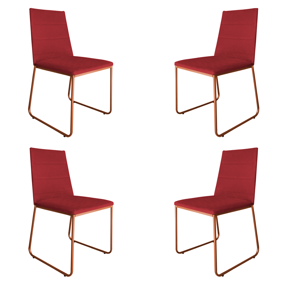 Kit 4 Cadeiras de Jantar Estofada Lille Base Bronze Veludo Vermelho - Montanaris Decor