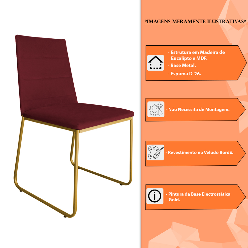 Kit 4 Cadeiras de Jantar Estofada Lille Base Gold Veludo Bordô - Montanaris Decor