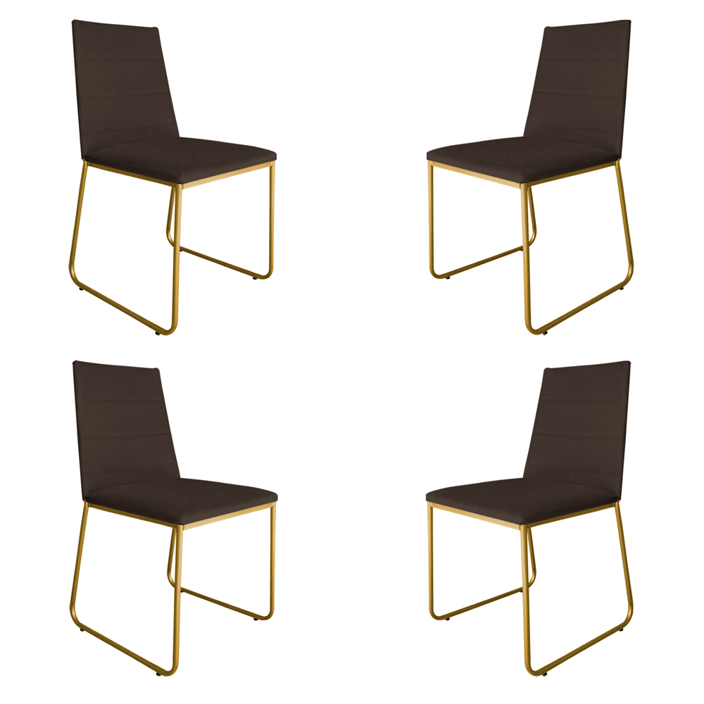 Kit 4 Cadeiras de Jantar Estofada Lille Base Gold Veludo Marrom - Montanaris Decor