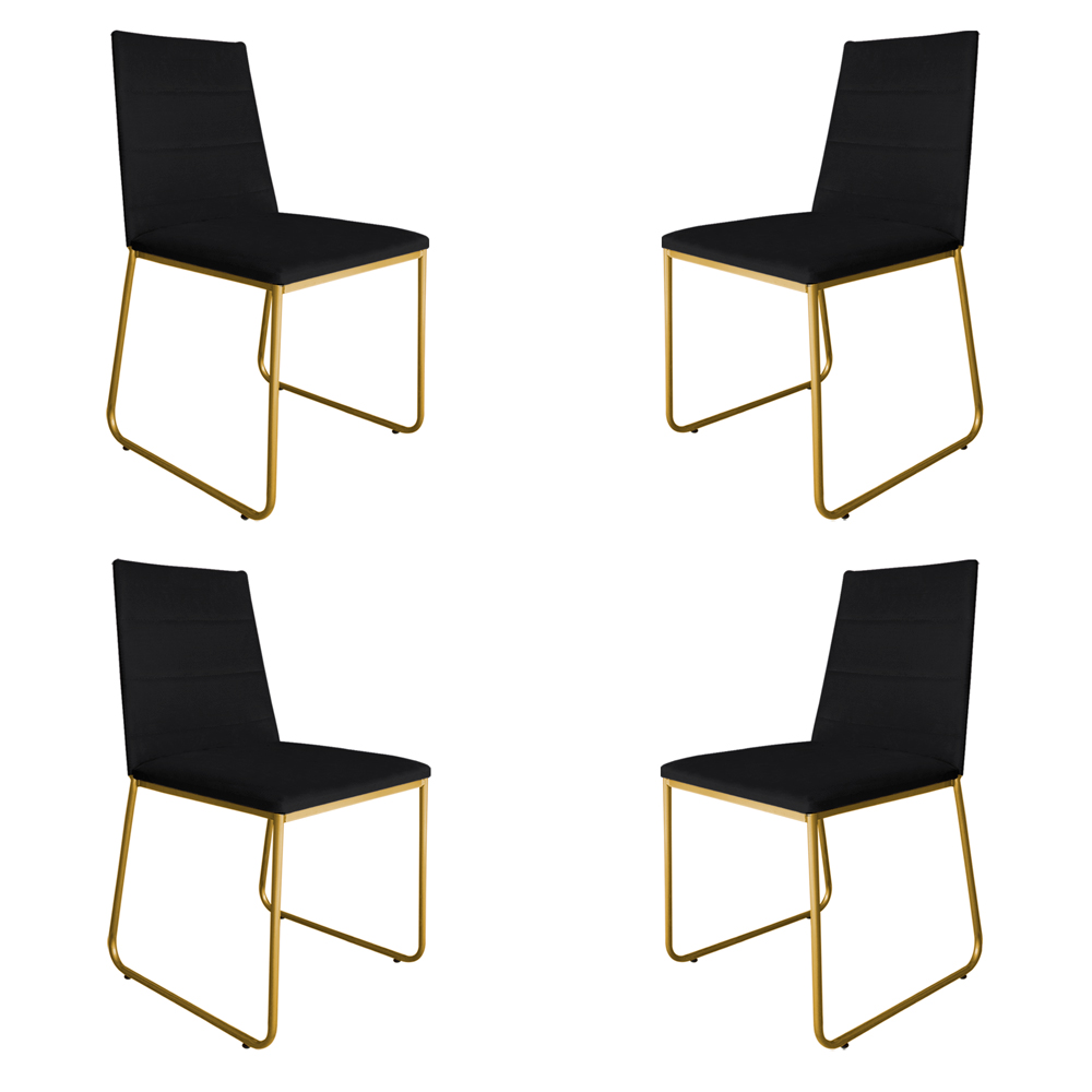 Kit 4 Cadeiras de Jantar Estofada Lille Base Gold Veludo Preto - Montanaris Decor