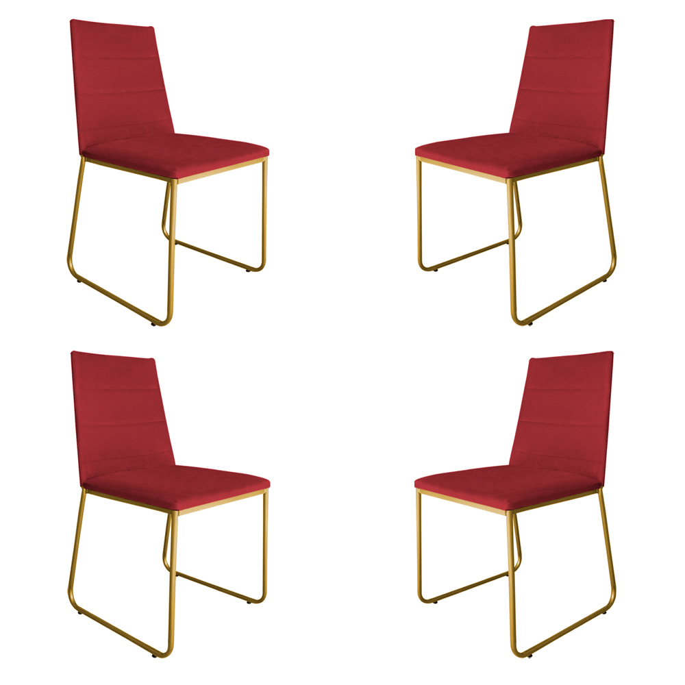 Kit 4 Cadeiras de Jantar Estofada Lille Base Gold Veludo Vermelho - Montanaris Decor