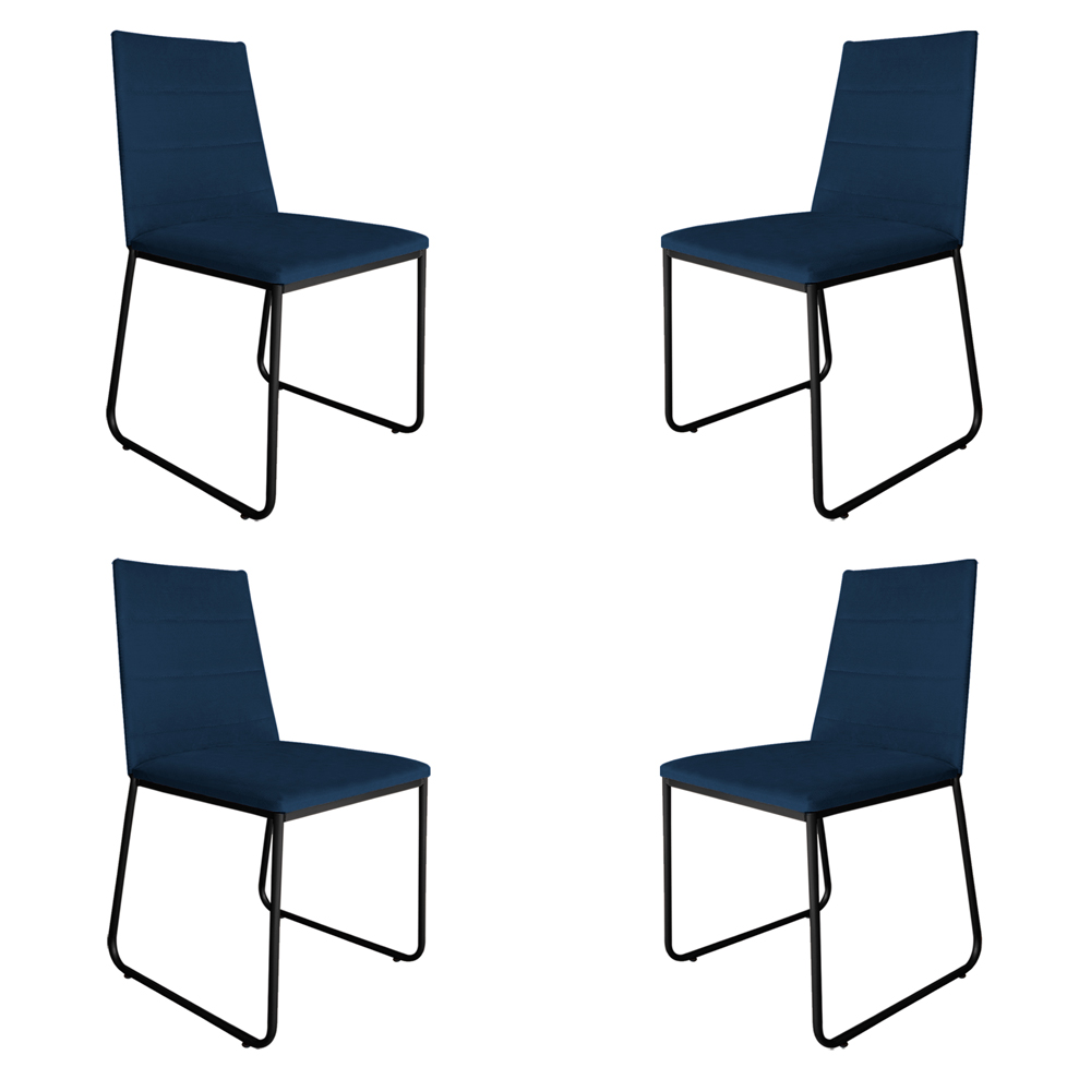 Kit 4 Cadeiras de Jantar Estofada Lille Base Preta Veludo Azul Marinho - Montanaris Decor