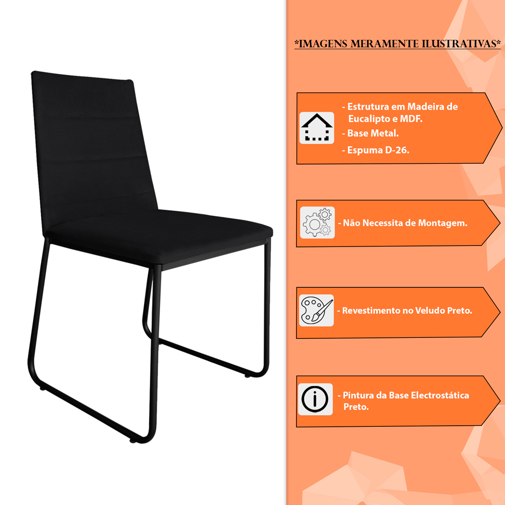 Kit 4 Cadeiras de Jantar Estofada Lille Base Preta Veludo Preto - Montanaris Decor