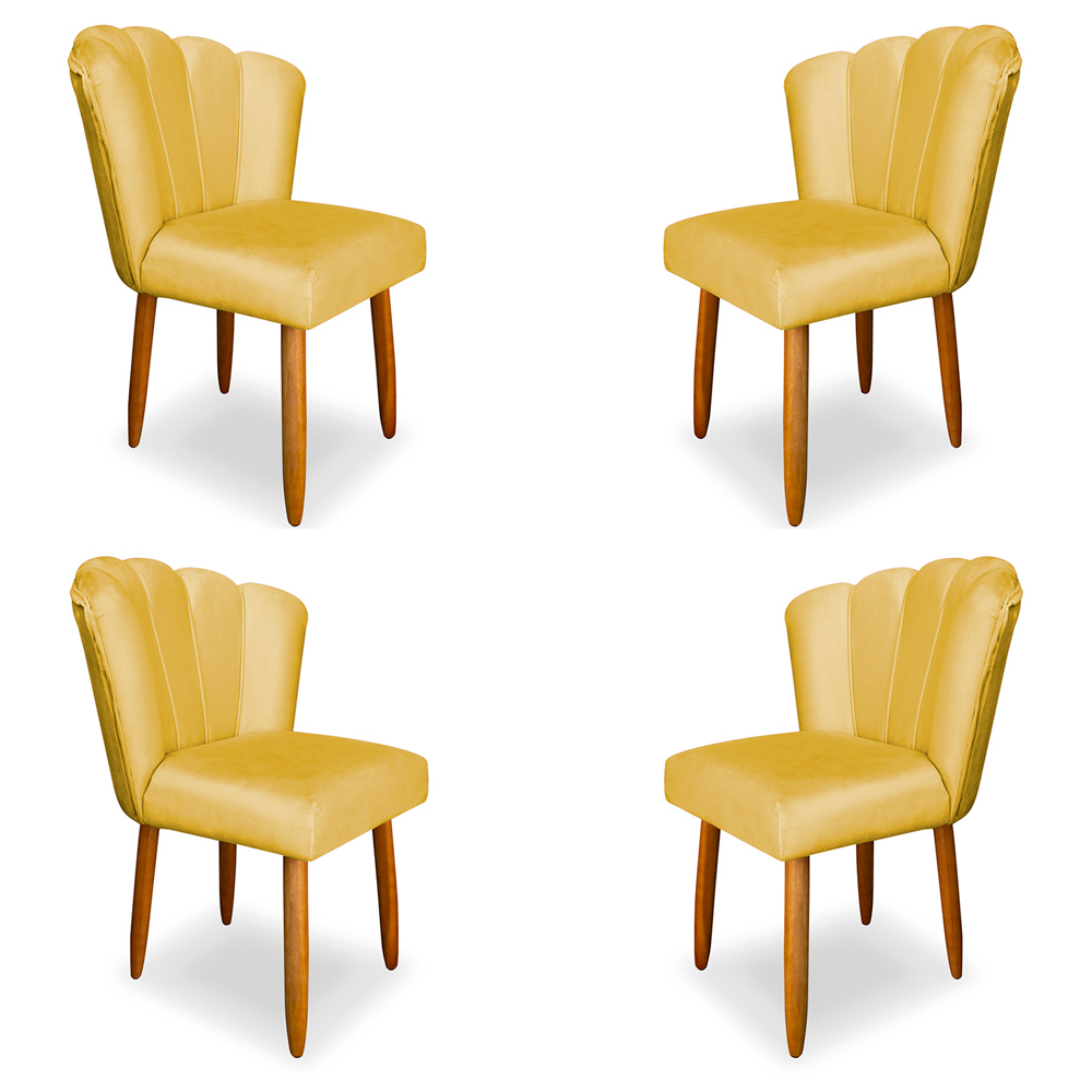 Kit 4 Cadeiras de Jantar Pétala Estofada Pés Palito Veludo Amarelo - Montanaris Decor