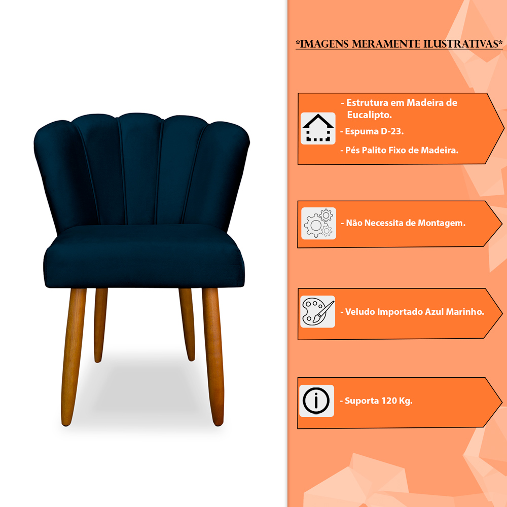 Kit 4 Cadeiras de Jantar Pétala Estofada Pés Palito Veludo Azul Marinho - Montanaris Decor