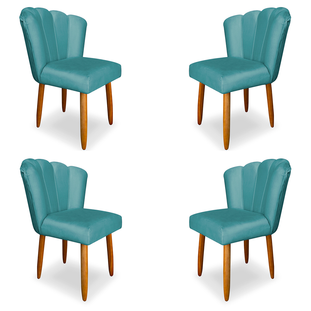 Kit 4 Cadeiras de Jantar Pétala Estofada Pés Palito Veludo Azul Turquesa - Montanaris Decor