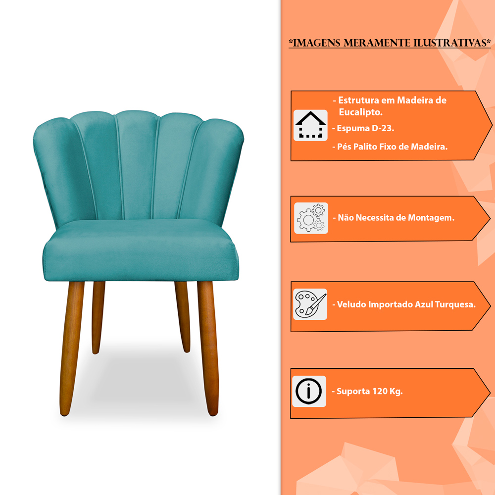 Kit 4 Cadeiras de Jantar Pétala Estofada Pés Palito Veludo Azul Turquesa - Montanaris Decor