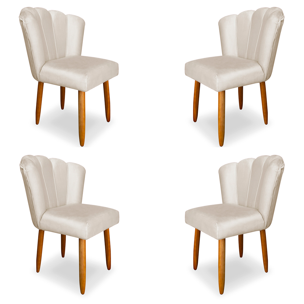 Kit 4 Cadeiras de Jantar Pétala Estofada Pés Palito Veludo Bege - Montanaris Decor