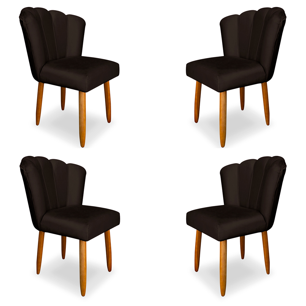Kit 4 Cadeiras de Jantar Pétala Estofada Pés Palito Veludo Marrom - Montanaris Decor