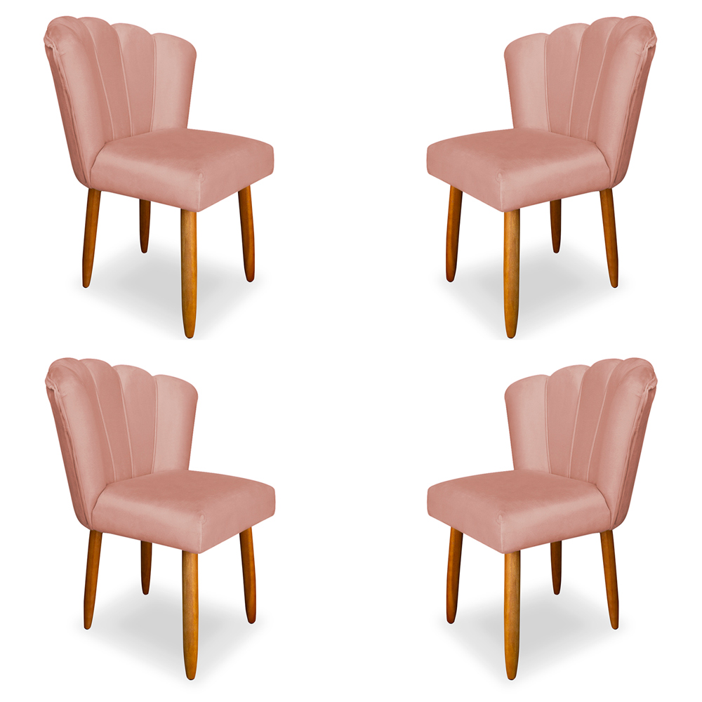 Kit 4 Cadeiras de Jantar Pétala Estofada Pés Palito Veludo Rosê - Montanaris Decor